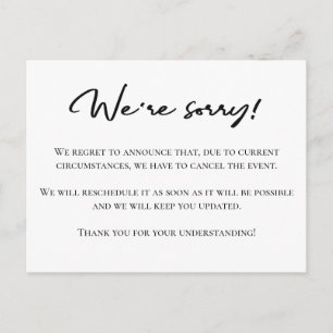 Carte Postale Désolé, faire-part d'annulation noir blanc