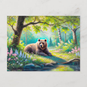 Carte Postale Dessin à la craie pastel d'un ours dans une clairi