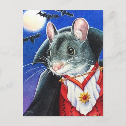 Carte Postale Dessin à l'aquarelle de souris vampire en costume (Devant)