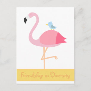 Carte Postale Dessin animé d'amitié : Flamant rose avec oiseau b
