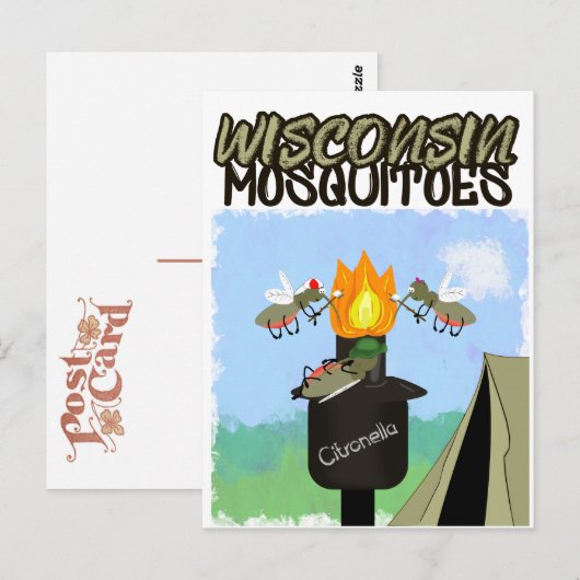 Carte Postale Dessin animé de moustiques du Wisconsin - Camping  (Devant / Derrière)