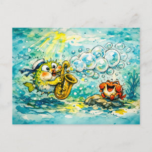 Carte Postale Dessin animé de poisson-tétraodon jouant du saxoph