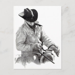 Carte Postale Dessin au crayon de Cowboy à Saddle, Art Occidenta