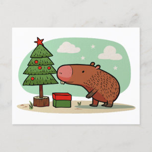 Carte Postale Dessin charmant et ludique de capybara de Noël