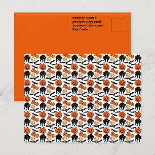 Carte Postale Dessin de chauves-souris, chat, citrouille et lune