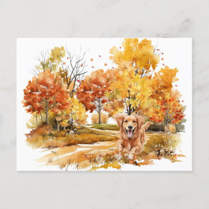 Carte Postale Dessin de chien à l'aquarelle en automne - Retriev