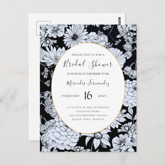 Carte Postale Dessin de fleurs, fleurs noir et blanc (Devant / Derrière)