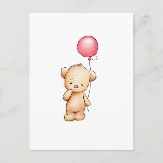 Carte Postale Dessin de l'ours en peluche avec ballon rouge (Devant)