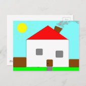 Carte Postale Dessin de Maison Bleue Rouge Blanc Vert, Art Par E (Devant / Derrière)