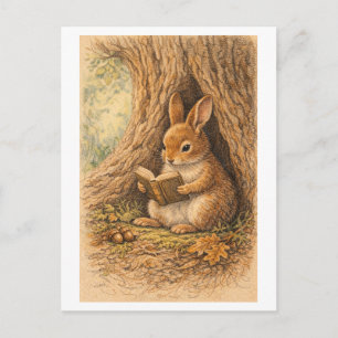 Carte Postale Dessin de style vintage d'un lapin lisant dans un