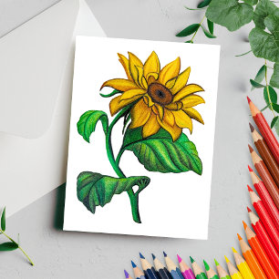 Carte Postale Dessin de tournesol jaune au crayon de couleur