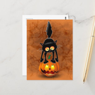 Carte Postale Dessin d'Halloween au chat effrayé sur Citrouille