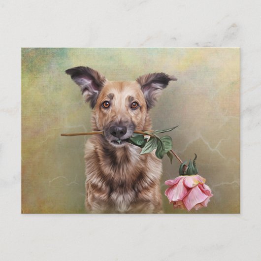 Carte Postale Dessin drôle chien tenant une fleur dans la bouche (Devant)