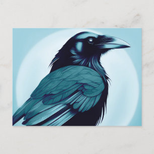 Carte Postale Dessin d'un corbeau noir sur bleu clair