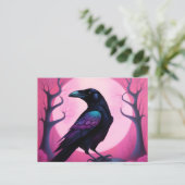 Carte Postale Dessin d'un corbeau sur fond rose néon (Debout devant)