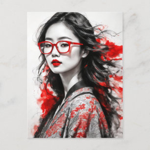 Carte Postale Dessin d'une femme asiatique blanche noire