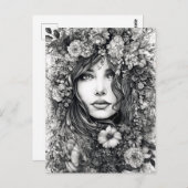Carte Postale Dessin en noir et blanc d'une femme avec des fleur (Devant / Derrière)