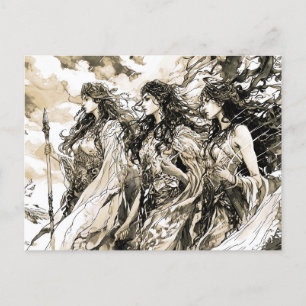 Carte Postale Dessin Viking d'un dieu nordique trois nornes