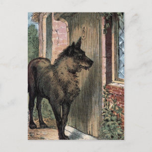 Carte Postale Dessin vintage : Le loup à la porte de grand-mère
