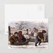 Carte Postale Dessin vintage : traîneau dans la neige (Devant / Derrière)