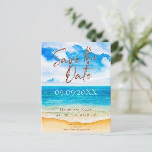 Carte Postale Destination plage Enregistrer la date Aquarelle (Debout devant)