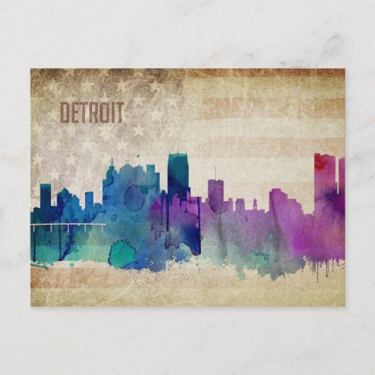 Carte Postale Detroit, MI | Aquarelle Ville Skyline (Devant)