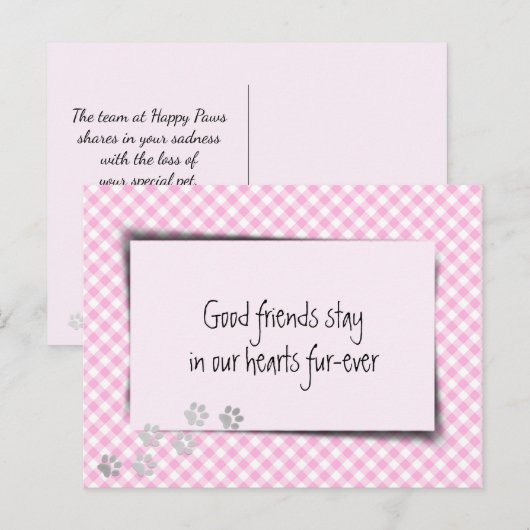 Carte Postale Deuil d'animal de compagnie à carreaux roses de la (Devant / Derrière)