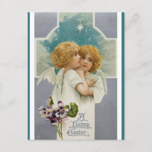 Carte Postale Deux anges et une croix voeux de Pâques