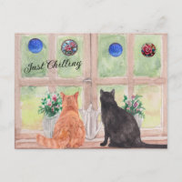 CARTE POSTALE Deux chats à la fenêtre Fleurs serei