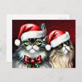 Carte Postale Deux Chats Posent À Santa Hat (Devant / Derrière)
