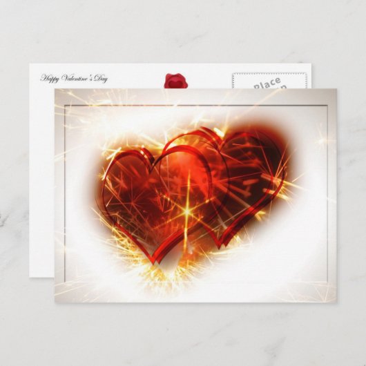 Carte Postale Deux coeurs avec des feux d'artifice (Devant / Derrière)