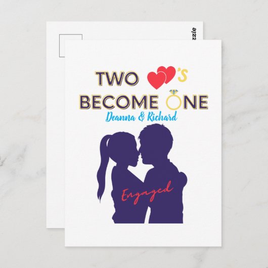 Carte Postale Deux cœurs fiancés deviennent un (Devant / Derrière)