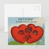 Carte Postale Deux coeurs s'embrassant, vintage Saint-Valentin (Devant / Derrière)