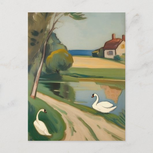 Carte Postale Deux cygnes près d'un étang (Devant)