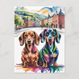 Carte Postale Deux dachshunds colorés sur une place de ville eur