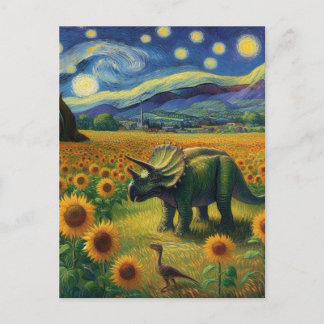 Carte Postale Deux Dinos à Van Gogh Starry Sunflower de nuit