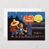 Carte Postale Deux enfants effrayés la nuit d'Halloween (Devant / Derrière)