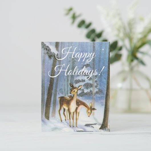 Carte postale deux Faons dans une forêt enneigée (Debout devant)