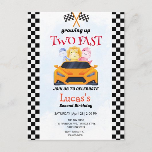 Carte Postale Deux Fast Dinosaur Race Car 2e fête d'anniversaire (Devant)