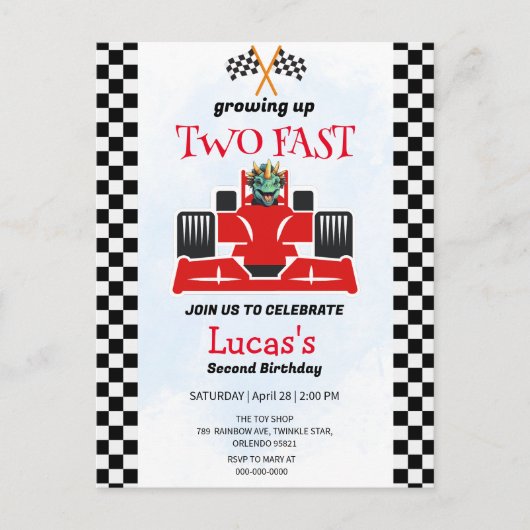 Carte Postale Deux Fast Dinosaur Race Car 2e fête d'anniversaire (Devant)