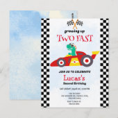 Carte Postale Deux Fast Dinosaur Race Car 2e fête d'anniversaire (Devant / Derrière)