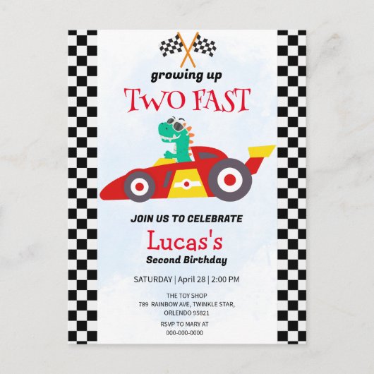 Carte Postale Deux Fast Dinosaur Race Car 2e fête d'anniversaire (Devant)