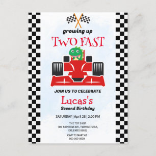 Carte Postale Deux Fast Dinosaur Race Car 2e fête d'anniversaire