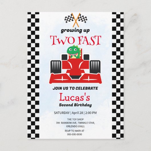 Carte Postale Deux Fast Dinosaur Race Car 2e fête d'anniversaire (Devant)