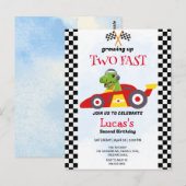 Carte Postale Deux Fast Dinosaur Race Car 2e fête d'anniversaire (Devant / Derrière)