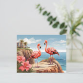 Carte Postale Deux flamants roses sur une falaise (Debout devant)