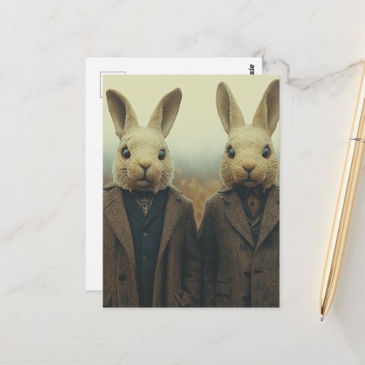 Carte Postale Deux lapins en costume dans un champ de moelle (Devant/Arrière en situation)