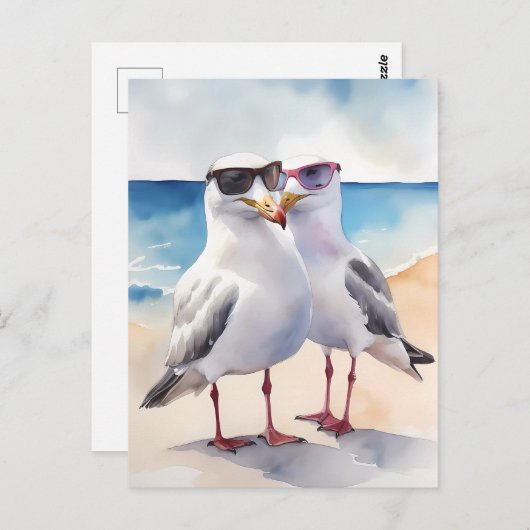 Carte Postale Deux Mignons Mouettes En Amour (Devant / Derrière)