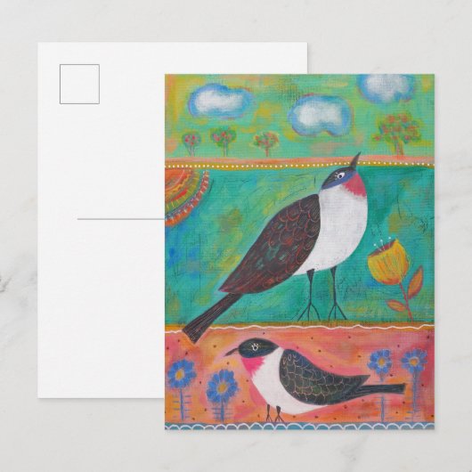 Carte Postale Deux oiseaux et fleurs (Devant / Derrière)
