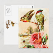 Carte Postale Deux oiseaux et Roses (Devant / Derrière)